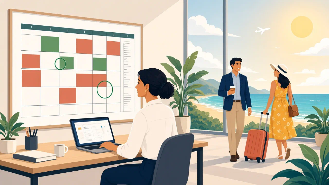 Illustration: Eine Mitarbeiterin aus HR sitzt vor einem großen Wochenplaner mit Urlaubs- und Arbeitsblöcken, hinter ihr gehen zwei Kollegen mit Koffer Richtung Strand.